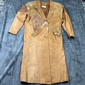 Pelle Studio Vintage Tan Leather Patchwork Western Trench Coat Paisley Gold S